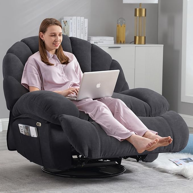 Power Recliner Chair Swivel Comfortable Soft Fabric Shell Shape with Storage 360 Swivel Electric Big Tall Single Reclining Sofa for Adults Living Room Bedroom(Gray)