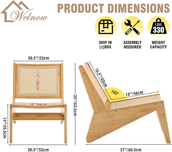 Welnow 2-Pcs Mid Century Rattan Accent Chair Bamboo Wood Lounge Chair with Woven Cane Backrest Low Armchair for Living Room Bedroom Balcony or Reading Corner Natural