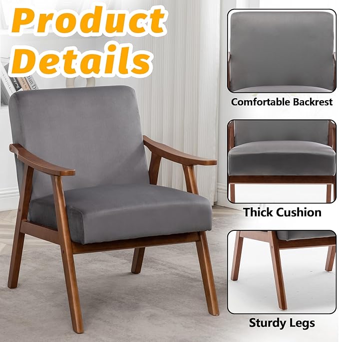 Mid Century Modern Accent Chair Upholstered Armchair Comfy with Wood Legs Siting Chair with Soft Cushion PU Leather Side Chairs for Living Room Bedroom Office (Velvet Grey)