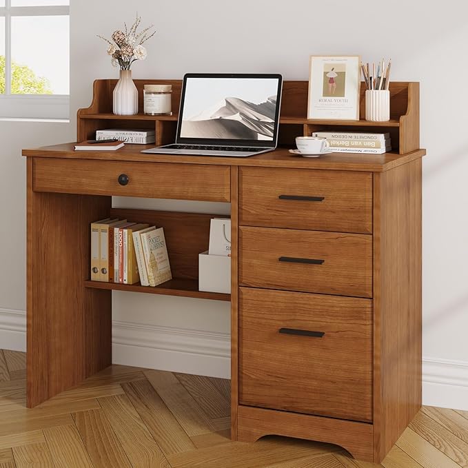 4 EVER WINNER Computer Desk with Drawers for Small Spaces Wood Desk with File Cabinet &amp Monitor Stand Office Desks Writing Study Table for Bedroom Brown