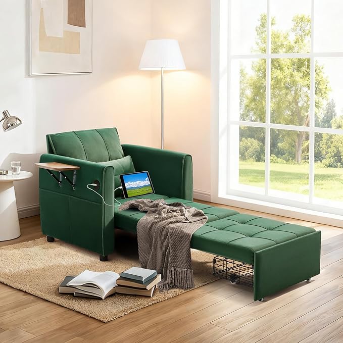 Convertible Sleeper Chair Bed for Adults Pull Out Chair Bed w/USB Port Foldable Table &amp Bottom Storage 4 in 1 Reclining Sleeper Sofa for Dorm/Bedroom Green