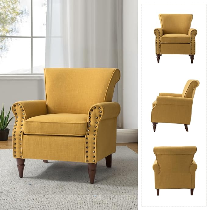 HULALA HOME Accent Chair with Wood Legs &amp Removable Cushion Modern Wingback Armchair with Nailhead Trim Comfy Upholstered Lounge Chair Single Sofa Chairs for Living Room Bedroom Mustard