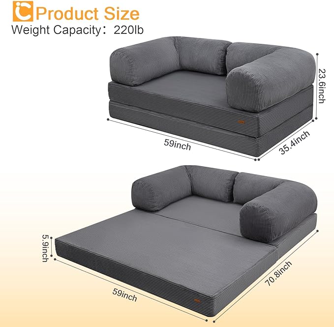 COMAX Futon Sofa Bed 4-in-1 Floor Foldable Sofa Couch Bed Queen with L-Shaped Armrests Convertible Folding Chair Bed Sleeper Mattress Fold Out Comfy Lounge for Living Room Bedroom Grey
