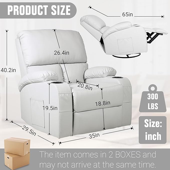 LEVELEVE Rocking Recliner Chair Massage Rocker Recliner Chair with Vibration Massage and Heat 360° Swivel Recliner Chairs Living Room Bedroom Nursery RV Grey