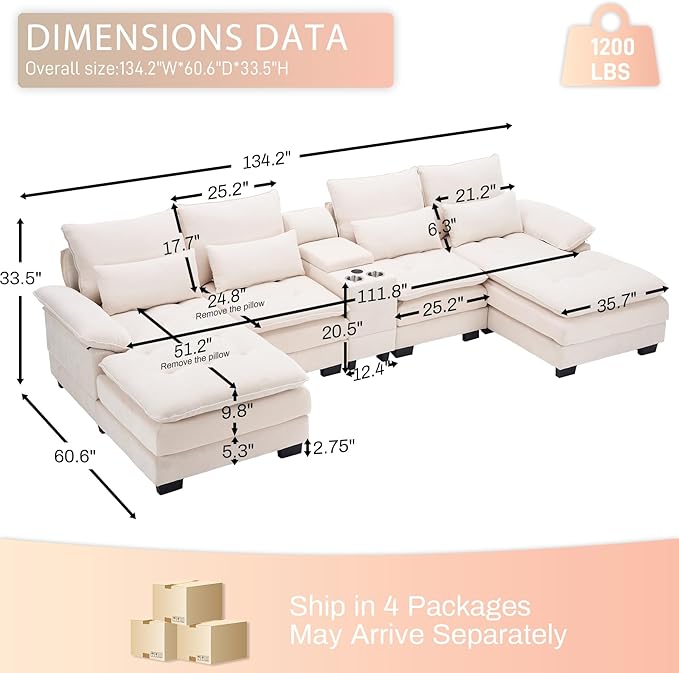 134U Shaped Sectional Couch for Living Room Modern Chenille 6 Seat Living Room Sofa Set with Storage Console Oversized Modular Sectional Fluffy Couch with Tufted Buttons &amp Chaise LoungeBeige