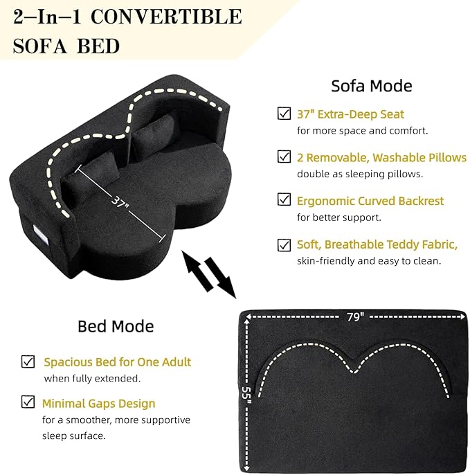 79 Convertible Folding Sofa Bed 2-in-1 Twin Size Loveseat Sleeper Couch with Two Pillows &amp Side Storage PocketsSpace-Saving | Design for Apartments &amp Living Room No Assembly(Black)