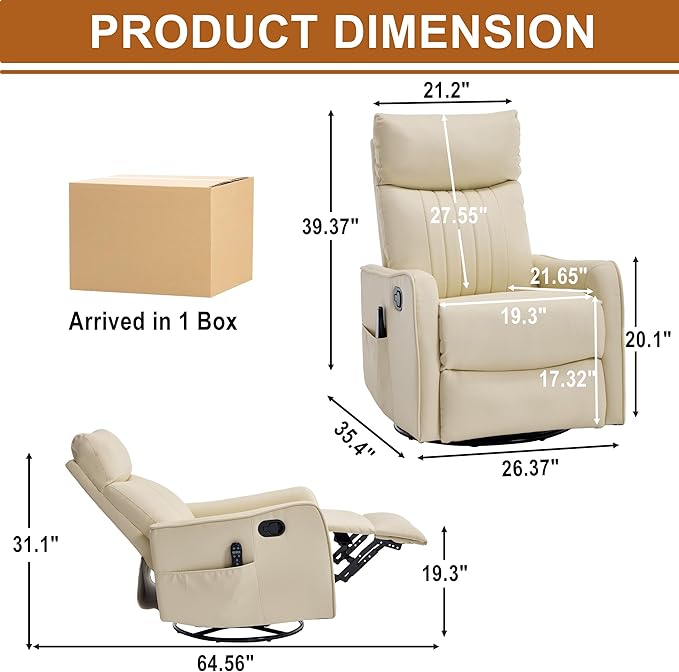 Manual Swivel Rocker Recliner Chair for Adults Overstuffed Glider Chair for Nursery with Massage and Heat Living Room Reclining Chair Faux Leather Light Yellow