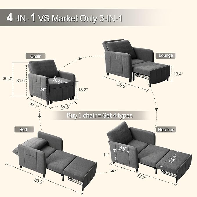 Sleeper Chair 84 Extra Long Convertible Chair Bed Upgraded 3-in-1 to 4-in-1 Pull Out Chair &amp Single Sofa Bed for Adult Sleeping Chair for Living Room &amp Small Space (Dark Grey)