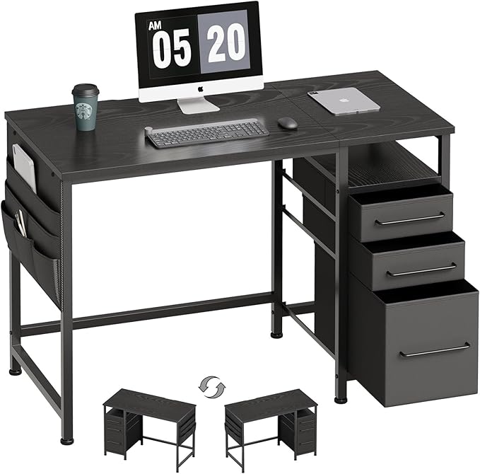 Ｍａｉｈａｉｌ Maihail Small Desk with Drawers 40 inch Computer Desk with Shelves Writing Desk with Storage Small Office Desk with Metal Frame Black