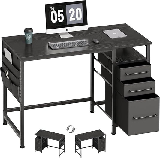 Ｍａｉｈａｉｌ Maihail Small Desk with Drawers 40 inch Computer Desk with Shelves Writing Desk with Storage Small Office Desk with Metal Frame Black