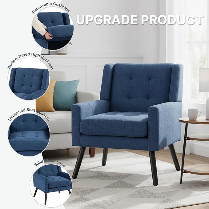 Mid-Century Modern Accent Chair Plush Linen Fabric with Button Tufted High Back &amp 5 Thick Cushion High Comfort Reading Chair for Living Room Bedroom Office (Blue)