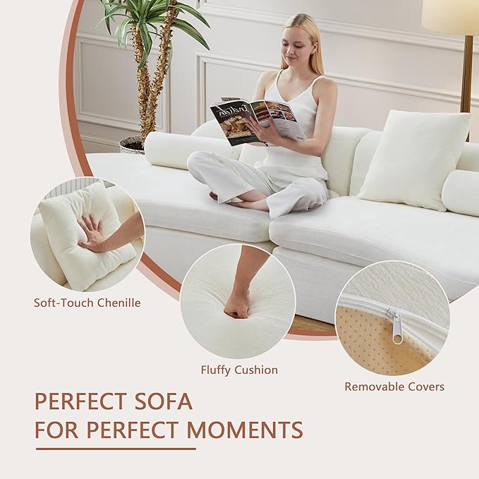 67 Modular Chenille Sofa Chair DIY Modular Single-Unit Sofa Upholstered Deep Seat Curved Foam Sofa Couch with Pillow for Apartment Living Room BedroomOffice (Middle White)