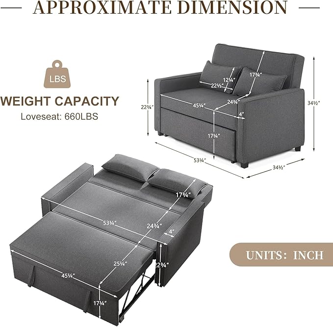 Furnimart Convertible 3-in-1 Sofa Bed with Adjustable Backrest Metal Frame Pull Out Couch Loveseat Sleeper Linen Sleeper Sofa for Living Room Apartment Small Space (Gray)