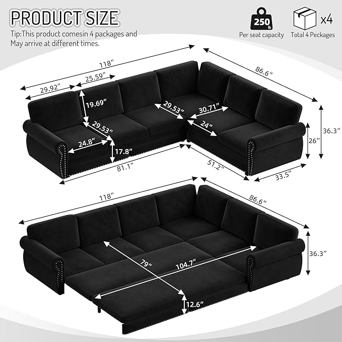 118 Sleeper Sofa Bed Sectional Couches for Living Room/Apartment Chenille L Shaped Couch with Pull Out Couch Bed Convertible Sectional Sofa with Rolled Arm &amp Nailhead Trim Black