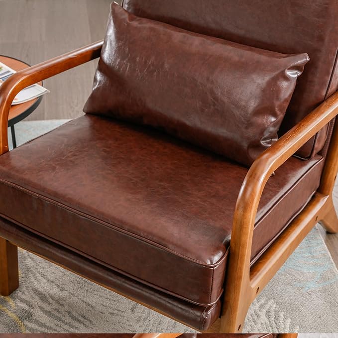 Brown Faux Leather Accent Chair- Comfy Solid Wood Arm Chair Mid Century Modern Armchair Lounge Sitting Decorative Office Side Chair Club Small Bedroom Reading Nook Sillas De Sala Living Room Furniture
