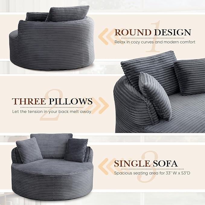 Antetek 53-inch Round Chaise Lounge Chair Indoor Modern Cloud Single Corduroy Couch with 3 Pillows Boneless Compressed Memory Foam Sofa Chair for Living Room Bedroom Apartment Grey