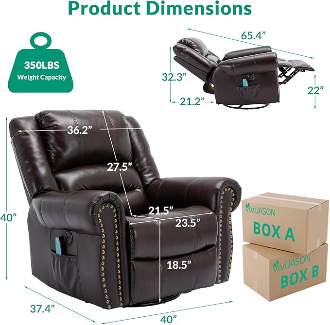 VIVIJASON Massage Swivel Rocker Recliner Chair with Heat &amp Vibration 360° Swivel Manual Glider Rocking Reclining Chair with Remote Control Side Pockets &amp USB Ports for Living Room Brown