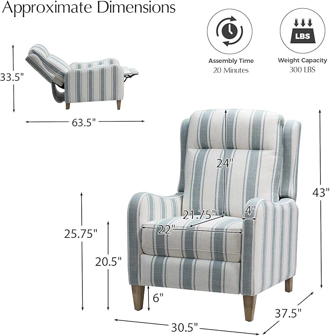 HULALA HOME Pushback Recliner Chair with Solid Wood Legs Fabric Striped Comfy Upholstered Seating with Footrest Armchair for Living Room/Reading Blue