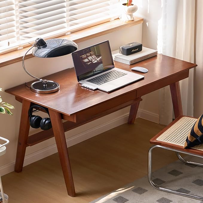 100% Solid Rubber Wood Desk Home Office Desk Mid Century Modern Writing Computer Desk with Drawer for Home Office 47
