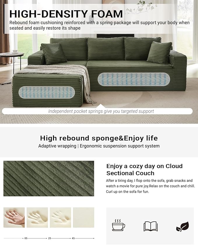 Boneless Couch for Living Room 104 Inch Cloud sectional Couch with Deep Seat Corduroy Modular Sectional Sofa with L-Shape Chaise No Assembly Required (Green Left Facing Chaise)