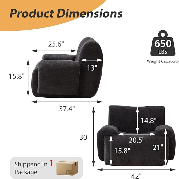Mlmh &amp Kngwa 42 inch Boneless Accent Chair Comfy Reading Nook Chair Oversized Bean Bag Chenille Chairs Single Couch with Wide Armrest for Living Room Bedroom Apartment Black