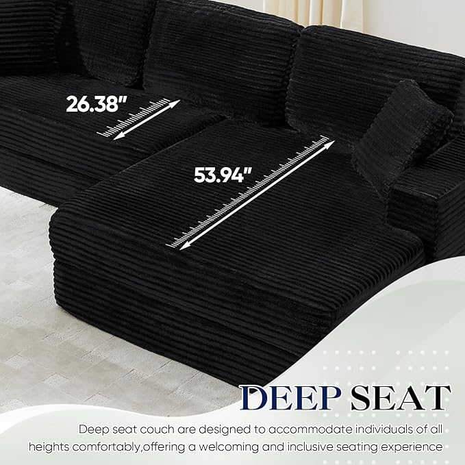 112.6” Modular Sectional Sofa Oversized Cloud L Shaped Couch Comfy Upholstered Corduroy Compressed Sofa with Right Facing Chaise and Wide Arms Fluffy Boneless Sofa Bed for Living Room Office Black