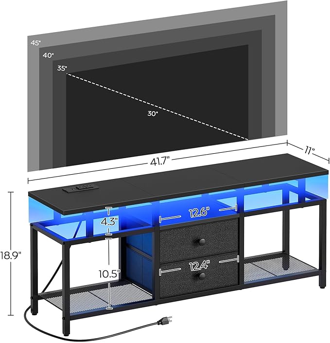 TV Stand with LED Light and Power Outlets Entertainment Center with Fabric Drawers and Open Shelves 41.7 TV Cabinet for TVs up to 45 Inch Media Console for Living Room Bedroom DS03UDBB