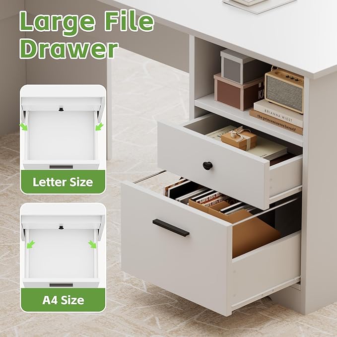 MU L Shaped Desk with File Drawer 60 Inch Corner Desk with Storage Drawers &amp Cabinet Large Home Office Table with Power Outlets Wood Executive Office Desk White