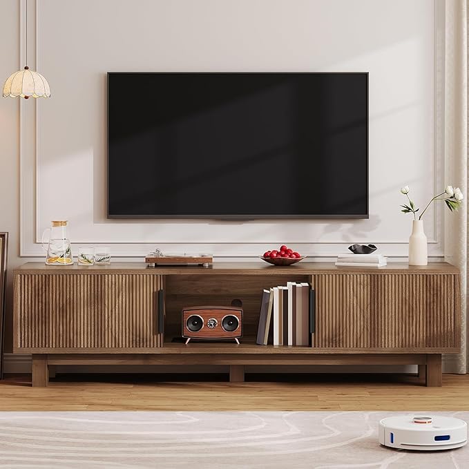YITAHOME TV Stand for Living Room Mid Century Modern Entertainment Center for 55/60/65 inch TVs TV Console with Power Outlets &amp Adjustable Shelves Fluted Media Console (Walnut 59)