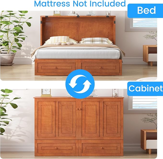 PUREMIND Queen Murphy Bed Frame with Headboard Hideaway Chest Bed Frame Storage Drawers USB Charging Ports- Space Saving Cabinet Chest Beds for Guest Room Bedroom