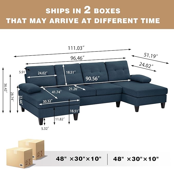 111 Sectional Couch for Living Room Modern Polyester Fibre U Shaped Sofa Couches with Double Chaise Upholstered 4 Seater Sofa for Living Room Apartment Office Blue