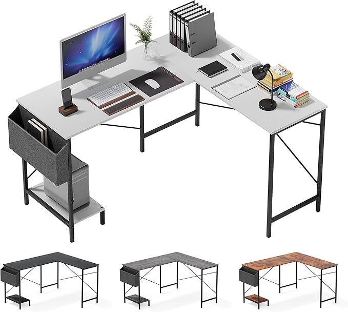 Simple Deluxe L Shaped Desk Gaming Computer 50 Inch Reversible Corner Table PC Work Table for Writing Study Student with Wood Tabletop Metal Frame CPU Stand Side Bag for Home Office Small Place