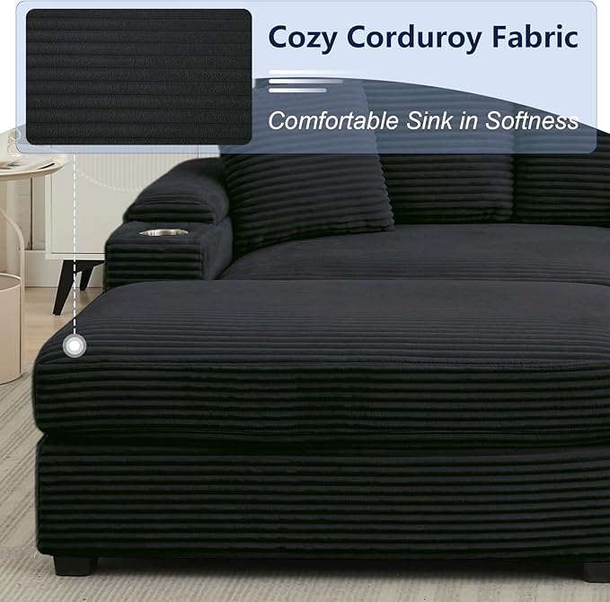 86.6 Sectional Sofa Couch with 2 Ottomans Comfy Corduroy Upholstered Cloud Modular Convertible Couch with Cup Holders and USB Armrest Storage Deep Seat Oversized Loveseat for Living Room Black