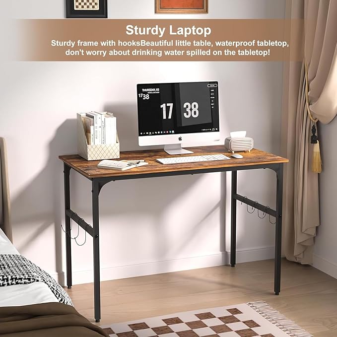 VECELO Computer Desk Water Proof Writing Desk with 4 Hooks Work Desk with Adjustable Feet Computer Desk for Small Space/Home Office/Dormitory 43 InchRusic Brown