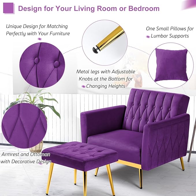 Velvet Accent Chair with Adjustable Armrests and Backrest Button Tufted Lounge Chair Single Recliner Armchair with Ottoman and Pillow for Living Room Bedroom Purpel