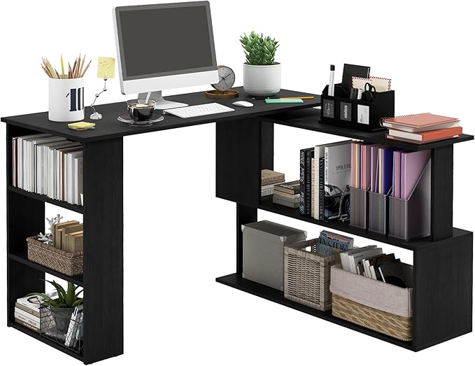 L Shaped Corner Desk 360 Degree Rotating Home Office Desk with Storage Shelves Writing Table Workstation Black