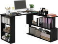 L Shaped Corner Desk 360 Degree Rotating Home Office Desk with Storage Shelves Writing Table Workstation Black