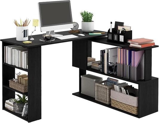 L Shaped Corner Desk 360 Degree Rotating Home Office Desk with Storage Shelves Writing Table Workstation Black
