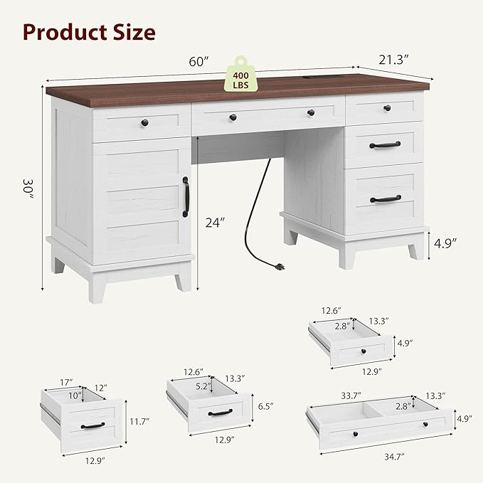 60 Executive Desk with Power Outlet Home Office Desk with Drawers Wooden Work Desk with File Cabinet Computer Desk for Work Study Writing White and Brown