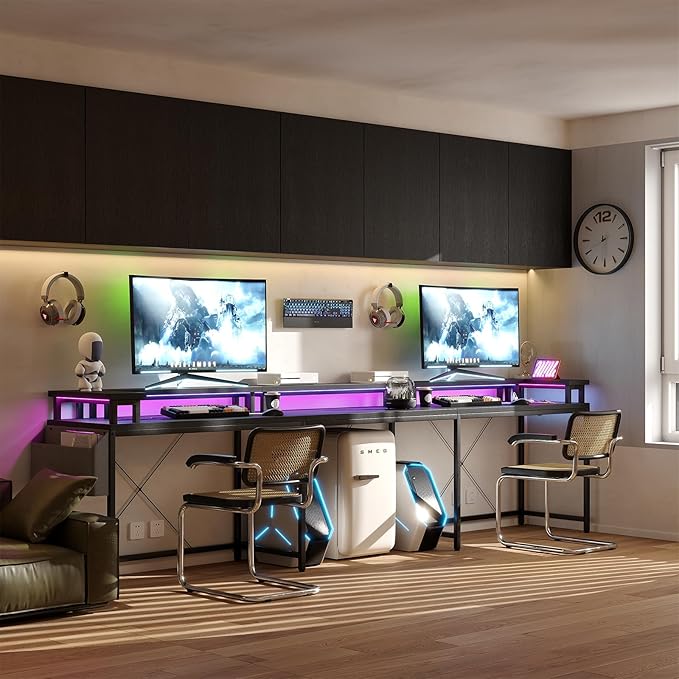 GAOMON 79 Inch u Shaped Desk with Power Outlets LED Strip &amp Monitor Stand Large Corner Computer Desk with Monitor Stand &amp with Storage Shelves for Home Office