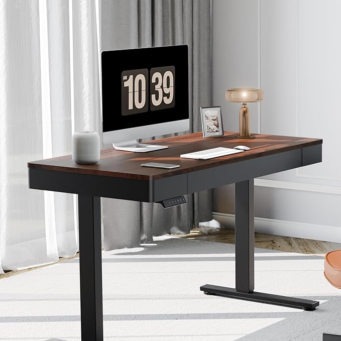FLEXISPOT Q5 Standing Desk with Drawer 48 x 24 Inch Electric Adjustable Height Stand Up Desk with Storage Organizer Whole Piece Wooden Desktop for Home Office Computer Workstation Dark Walnut