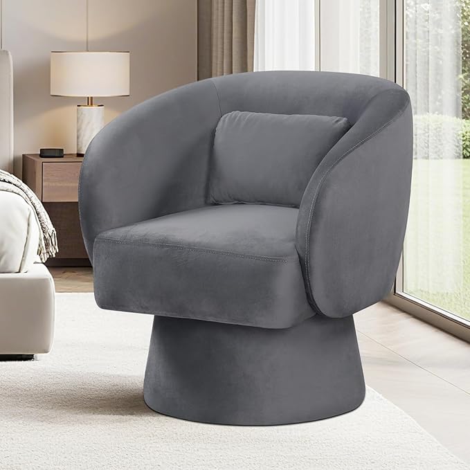 Giantex Swivel Accent Chair Upholstered Barrel Chair with Curved Back &amp Removable Lumbar Pillow Comfy Round Armchair with 360° Rotating Function Single Sofa Chair for Living Room