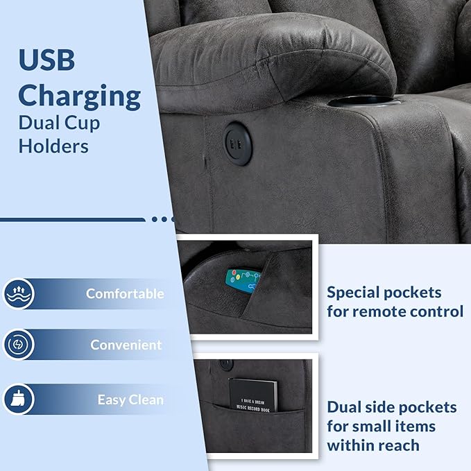 Manual Swivel Glider Rocker Recliner Chair with Heated Massage 360° Swivel Overstuffed Reclining Chair with 2 Cup Holders Side Pockets &amp USB Ports for Living Room Gray