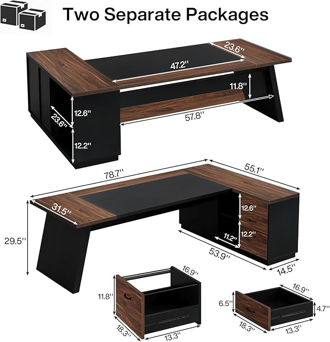 Tribesigns L-Shaped Executive Desk 78-Inch Large Office Desk with Drawers and Lateral File Cabinet Modern Business Furniture with Storage Shelves Workstation for Home Office (Walnut + Black)