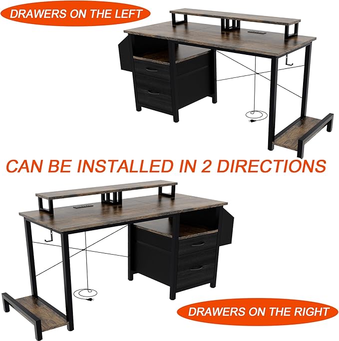 47'' Ergonomic Computer Desk with Dual Monitor Stands 2 Drawers &amp Built-in Power Outlets | Side Pocket | Reversible Cabinet | Adjustable Feet | Workstation for Home Office/Gaming/Study (Rustic Br