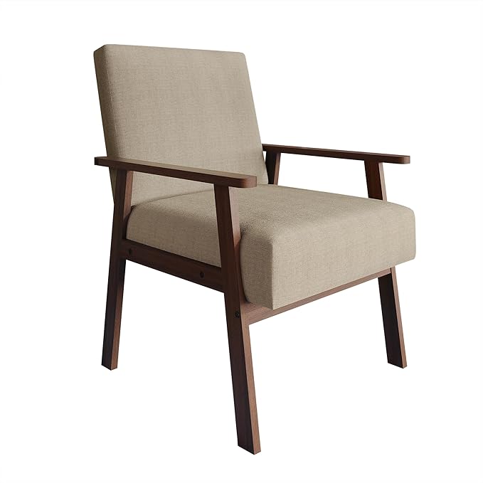 Mid-Century Modern Accent Chair Linen Upholstery Wooden Armrests Cushioned Seat Easy Assembly Beige
