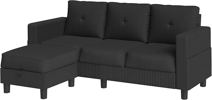 JY QAQA Convertible Sectional Sofa Couch with 3-Seat Sofa L-Shaped Ottoman Couch with Modern Linen Fabric for Small Living Room Apartment and Small Space(Black)