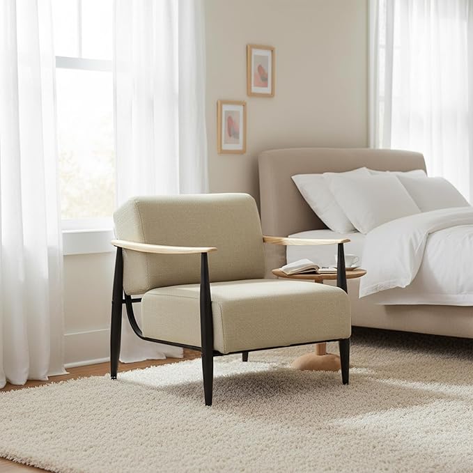 Homy Casa Mid-Century Modern Accent Chair with Fabric Upholstery Solid Wood Armrests and Sturdy Metal Frame Comfy Lounge Chair for Living Room Bedroom Reading Corner or Office (Beige-Oak)