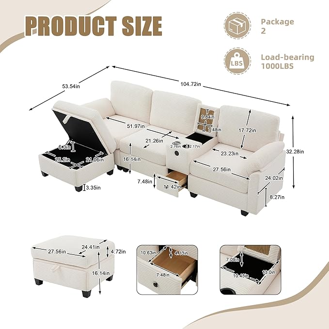 KEIKI 105 L-Shaped Oversized Corduroy Modular Sectional Sofa with 1 Ottoman and Multi Functional Console 4-Seater Upholstered Couch with USB and 2 Cup Holder Easy Assembly for Living Room Beige