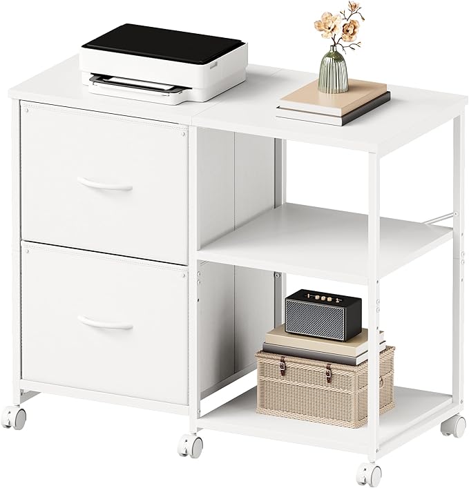 2-Drawer Fabric Lateral File Cabinet with Wheels Rolling Printer Stand with Open Storage Shelf for Home Office White
